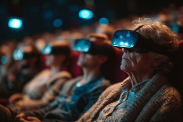 Obraz premium Virtual reality immersive Experience: A group of individuals, immersed in a world of virtual reality using VR headsets, their eyes absorbed by the immersive digital environment 