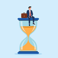 Illustration of a businessman sitting on top of an hourglass, symbolizing time management, deadlines, and the urgency of business.
