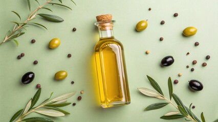 Olive oil bottle with olives and leaves on light green surface
