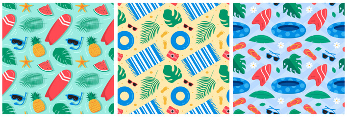 Naklejka premium Tropical Summer Seamless Pattern with Beach Elements in a Flat Cartoon Style Illustration