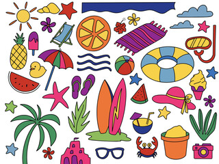 A vibrant and colorful summer icon illustration featuring playful elements.  perfect for summer-themed posters, web graphics, travel promotions, and seasonal products.