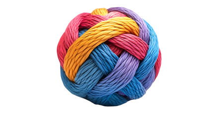 Photorealistic image of a sphere made of tightly woven diverse threads (different colors/textures), isolated on white, representing interconnectedness, diversity, unity.