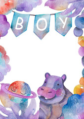 Watercolor baby boy nursery illustration. Hand-painted cute jungle hippopotamus