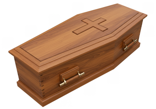 Illustration Wooden Coffin with Cross Resting Peacefully on Transparent - Powered by Adobe