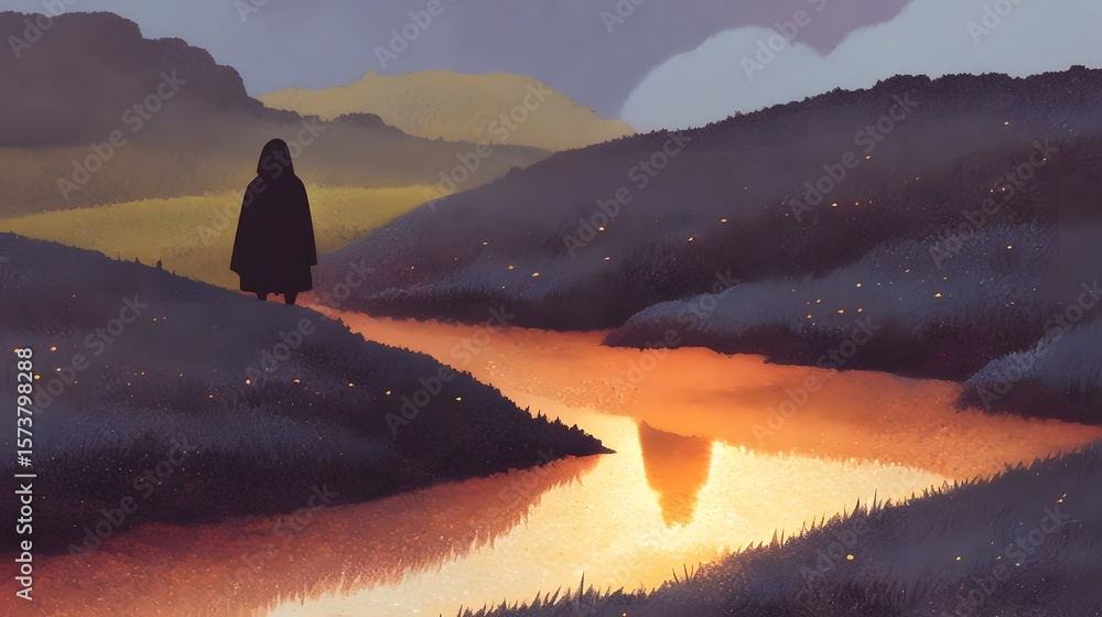 Poster a solitary figure walks along a winding path through a serene mountainous landscape at dusk with the