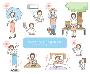 熱中症対策をする若い女性のシンプルな線画イラストセット