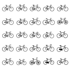 Collection of 25 minimal line bicycle icons, ideal for sports, eco-friendly transport, and outdoor activity designs.