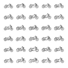 Collection of 25 minimal line motorcycle icons, ideal for transport, automotive, and riding-themed designs.