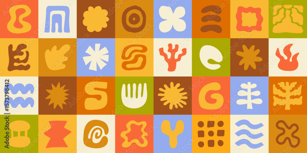 Poster abstract geometric background with doodle groovy shapes. various playful forms. trendy vector illust