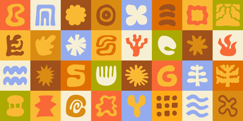 Abstract Geometric background with doodle groovy shapes. Various playful forms. Trendy vector illustration