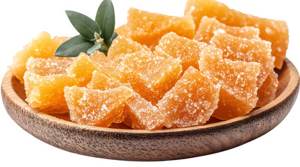 Photorealistic image of a slice of candied ginger, showing crystalline sugar texture. Macro focus, warm lighting, isolated on a pure Transparent background.