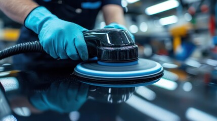 Detailing Specialist Using a Polishing Machine on a Car for Perfection