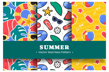 Tropical Summer Seamless Pattern with Beach Elements in a Flat Cartoon Style Illustration