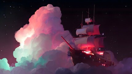 A large ship navigating through a stormy night sky surrounded by clouds and billowing smoke against a backdrop of twinkling stars