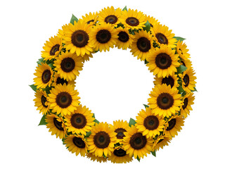 Circular arrangement of bright yellow sunflowers with green leaves isolated on transparent background