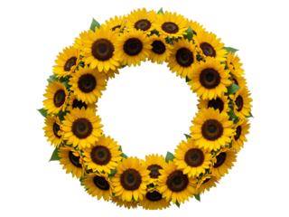 Circular arrangement of bright yellow sunflowers with green leaves isolated on transparent background