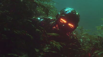 A scuba diver submerged in a lush colorful coral reef surrounded by a diverse marine ecosystem teeming with life and mystery