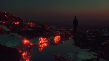 Stunning nighttime volcanic eruption with vibrant red lava streams and glowing rock formations against a dark sky backdrop