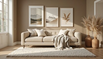  A sophisticated Scandinavian-inspired bedroom nook with a plush light tan fabric chaise lounge, a cylindrical bolster pillow, and various textured cream and off-white throw pillows.