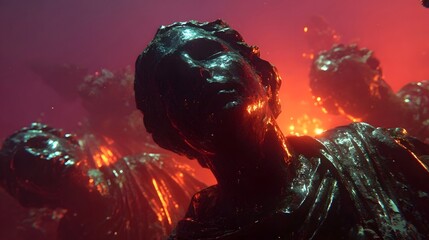 A menacing otherworldly alien creature emerging from an intense dramatic and moody post apocalyptic landscape with glowing burning elements in the background