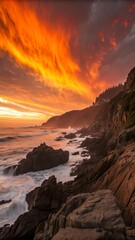 Fototapeta premium Fiery sunset illuminates the rocky coastline with vibrant colors