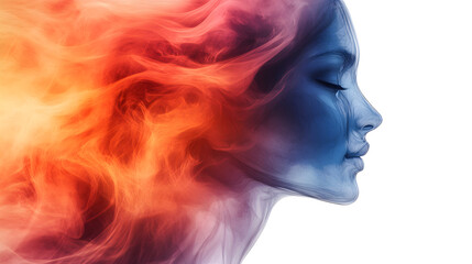 Fototapeta premium Abstract Portrait of a Woman's Profile with Fiery Hues and Cool Blue Tones, Symbolizing Inner Conflict, Emotional Pain, and Intense Feelings.
