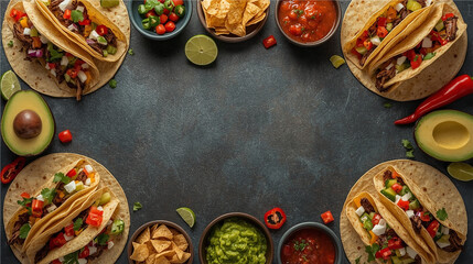 Flat lay of delicious Mexican beef tacos with colorful toppings, served with fresh salsa, guacamole, tortilla chips, and chili peppers on a dark stone background. 