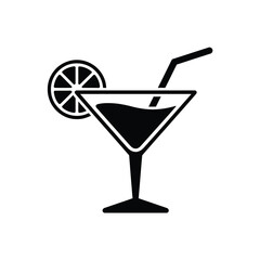 Black and white icon of a martini glass with a lemon slice and straw