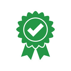 Green checkmark award ribbon symbol for approved and verified status