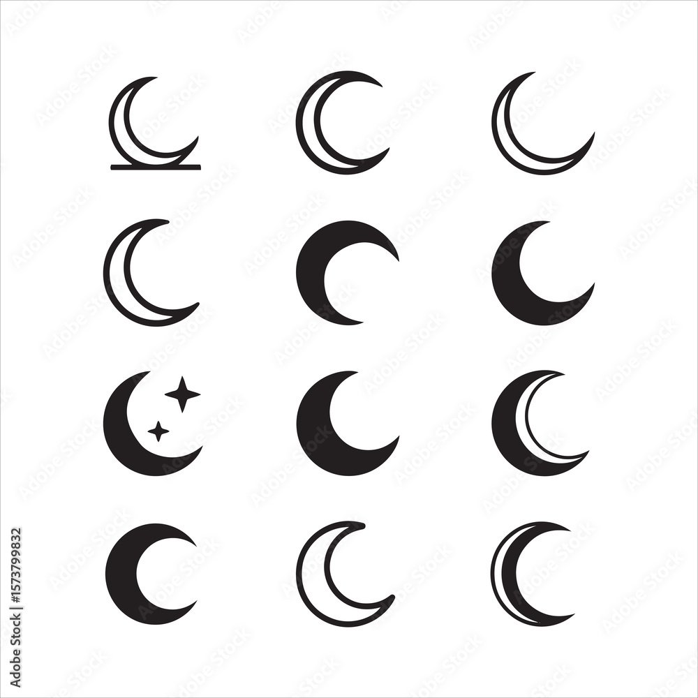 Poster collection of twelve distinct crescent moon styles and celestial symbols