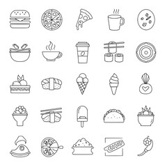 Collection of 25 minimal line food and drink icons, perfect for menus, food delivery apps, and culinary designs.