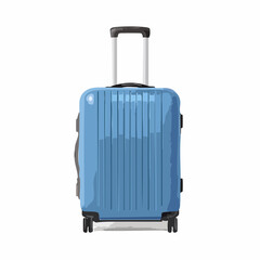 3D Blue wheeled suitcase for travel. Cabin luggage. Plastic bag for flight. Journey concept. Time to tourism and vacation.