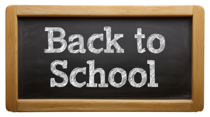 Wooden chalkboard with handwritten "Back to School" message, isolated on transparent background