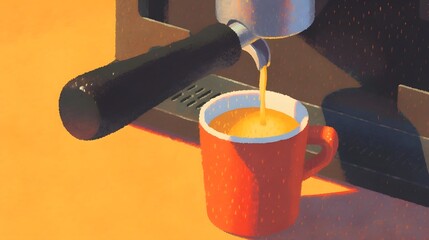 Close up shot of fresh hot espresso being poured from a coffee hine into a vibrant orange ceramic mug creating a stream of rich steaming liquid