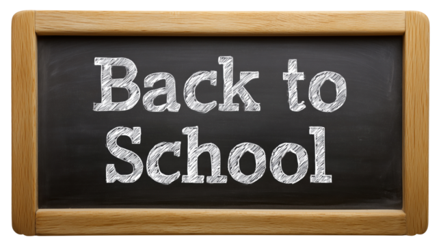 Wooden chalkboard with handwritten "Back to School" message, isolated on transparent background