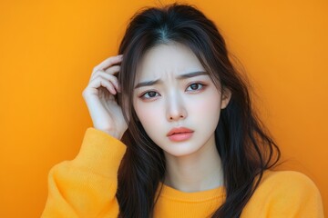 Fototapeta premium Young beauty Asian woman experiencing a headache after drinking coffee, addressing caffeine-related discomfort, Generative AI