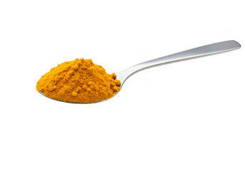 Isolated Transparent Background of Yellow Turmeric Powder on Silver Spoon