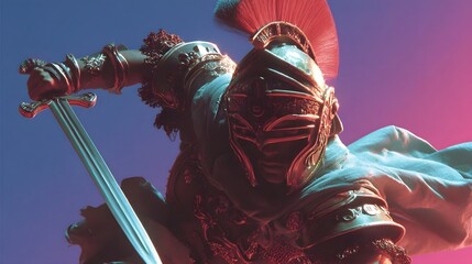 Imposing fantasy warrior figure in bold colorful costume and armor carrying a large sword against a dramatic sky background