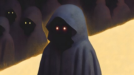 A dark ominous scene featuring hooded figures with glowing eyes looming in a surreal otherworldly landscape