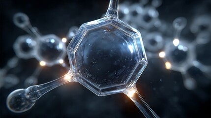 Translucent hexagonal molecular structure with glowing highlights, surrounded by spherical and rod-like components in a dark, high-tech scientific environment.