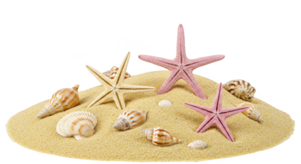 Isolated Transparent Background Pile of Starfish Sand and Seashells