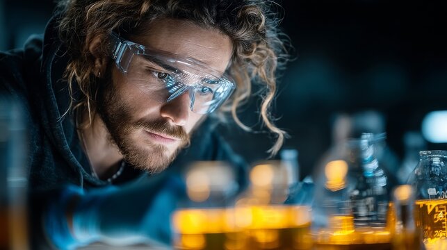 Focused man with wavy light-brown hair and beard wearing clear safety goggles in a dark hoodie, working with golden-yellow liquid in marked glass laboratory vessels in a dark scientific setting.