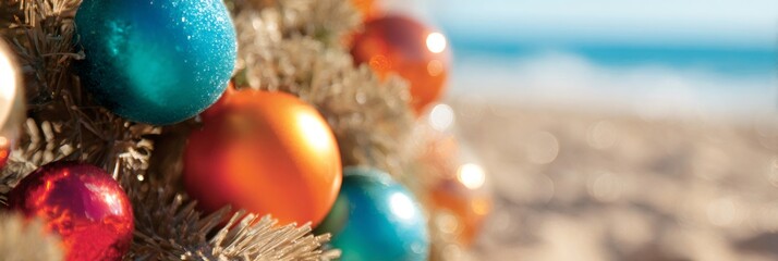 Christmas ornaments on a festive palm tree with abstract ocean and beach background. Tropical new year celebration concept.