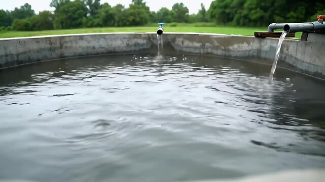 Concrete water tank outdoors being filled with water under overcast skies