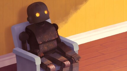 A retro futuristic robot figure sitting comfortably in a simple wooden chair against a warm minimalist background