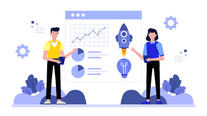 Startup team brainstorming pitch deck ideas flat vector illustration