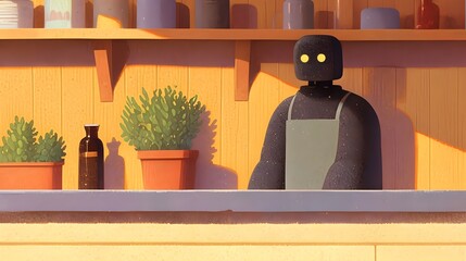 A cozy and tranquil home interior showcasing neatly arranged wooden shelves filled with potted plants bottles and a minimalist ceramic figurine