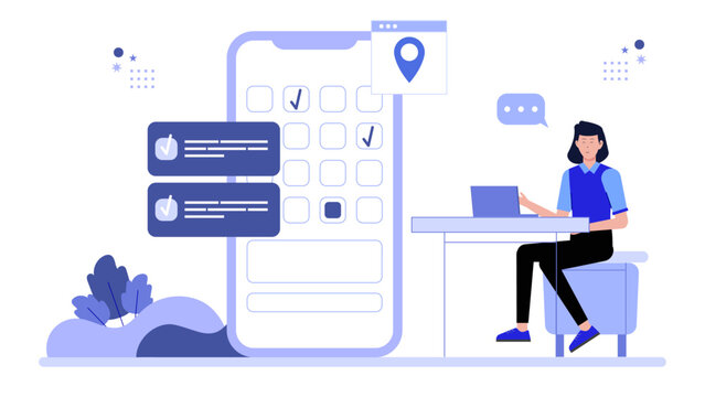 Employees submitting weekly remote check-ins flat vector illustration
