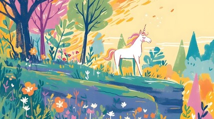 A majestic white unicorn stands in a lush fantastical forest landscape surrounded by vibrant colors magical flora and a serene river