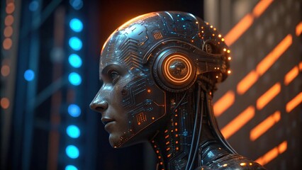 Close up view of a futuristic cyborg with glowing circuitry